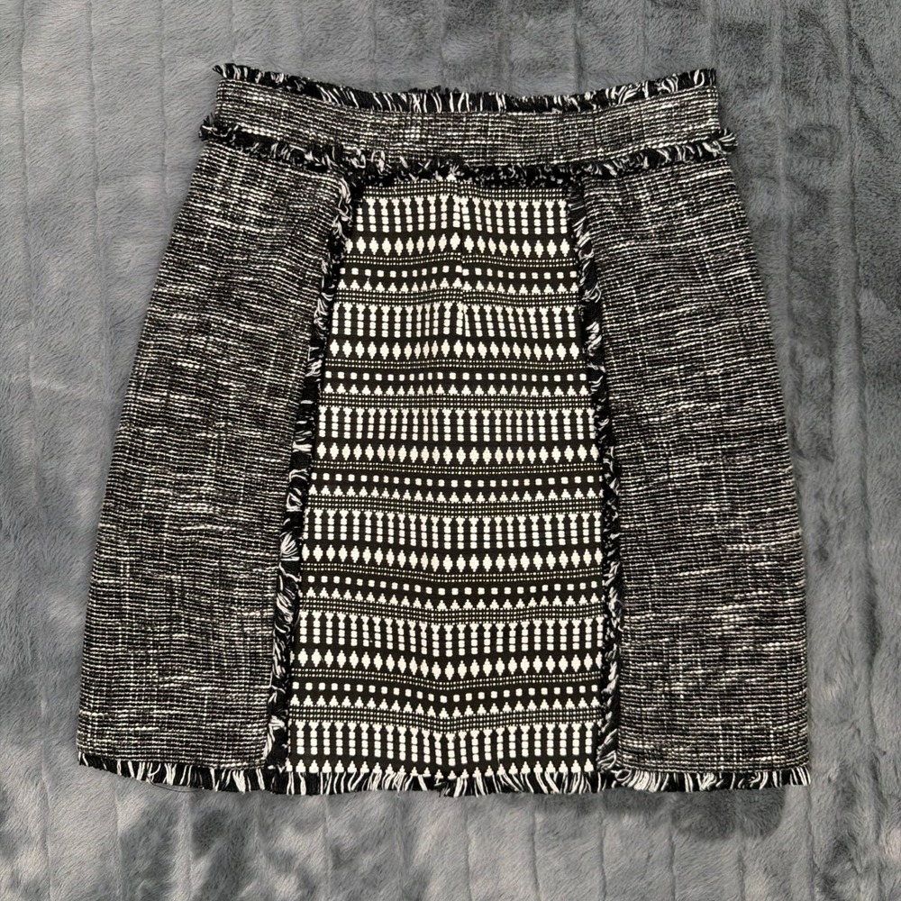 French Connection Womens Black White Tweed Geometric Fringe Mini Skirt Size 2